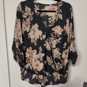 West Kei Black Floral Surplice Blouse with Cream Blossoms